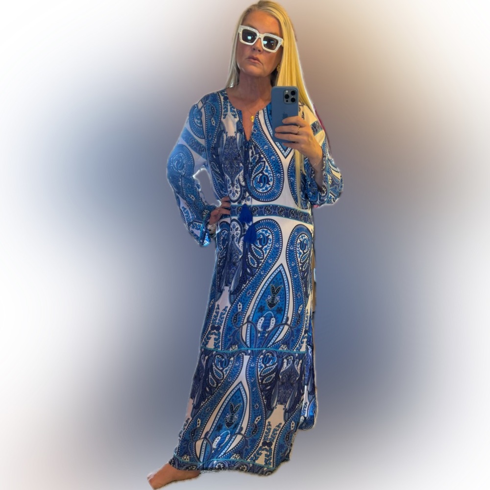 Bleu Baby Silk Maxi Dress In Mixed Media Designed In Italy - Picture 6 of 8